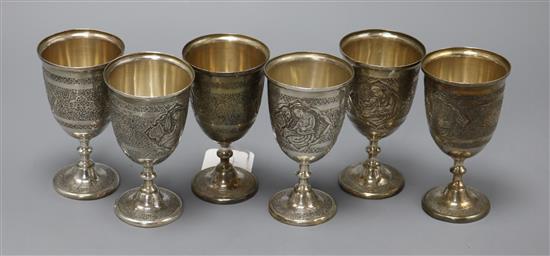A set of six Persian (875) white metal engraved goblets, Isfahan mark, 11.1cm.